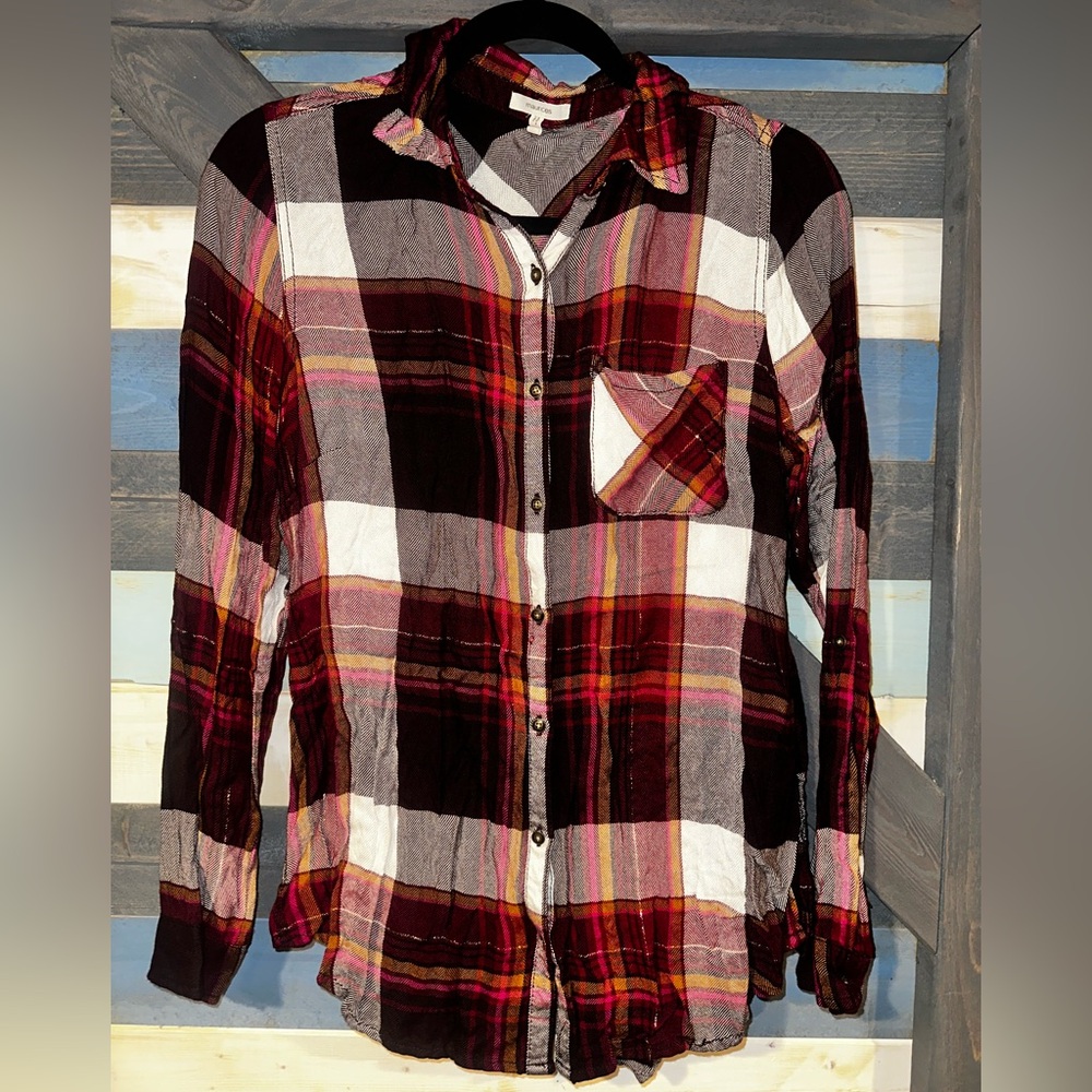 Maurices Pink & Burgundy Plaid Button Down Shirt